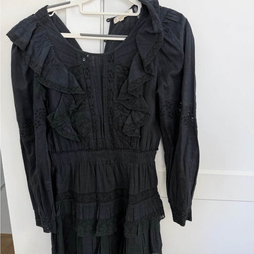 LoveShackFancy Black Ruffle Lace Long-Sleeve Dress